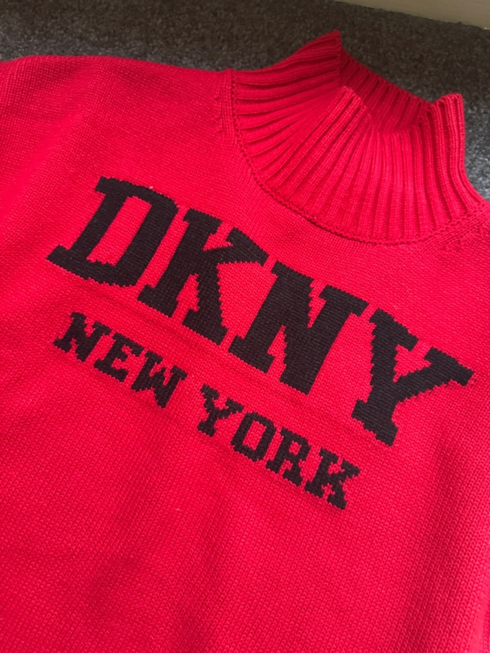 DKNY Red Mock Neck Sweater with Black Logo - Picture 2 of 4